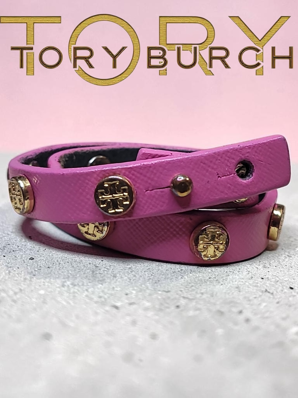 Tory Burch Pink Leather Wrap Bracelet with Gold Logo Studs Preloved